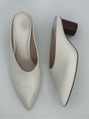 AD & Daughters Luton White Leather Dress High Vamp Mules Cone Heel 7 Minimalist